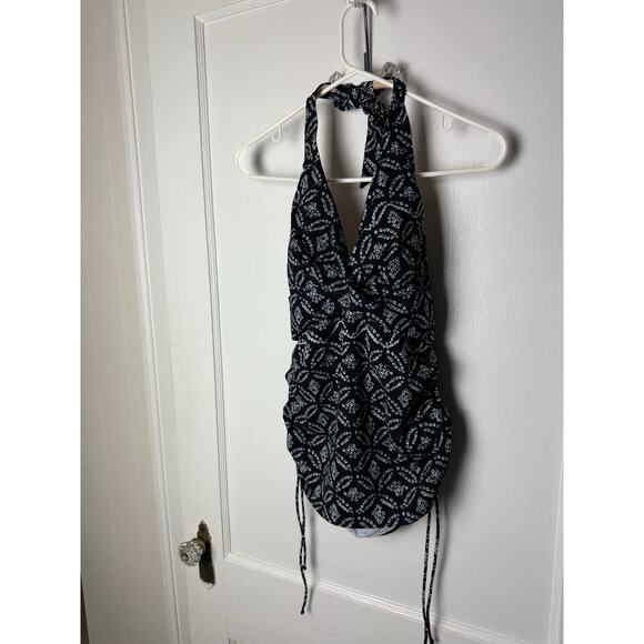 Lands' End Tankini Top Women's 10P Ruched Flattering Black White Halter Padded - Picture 2 of 8